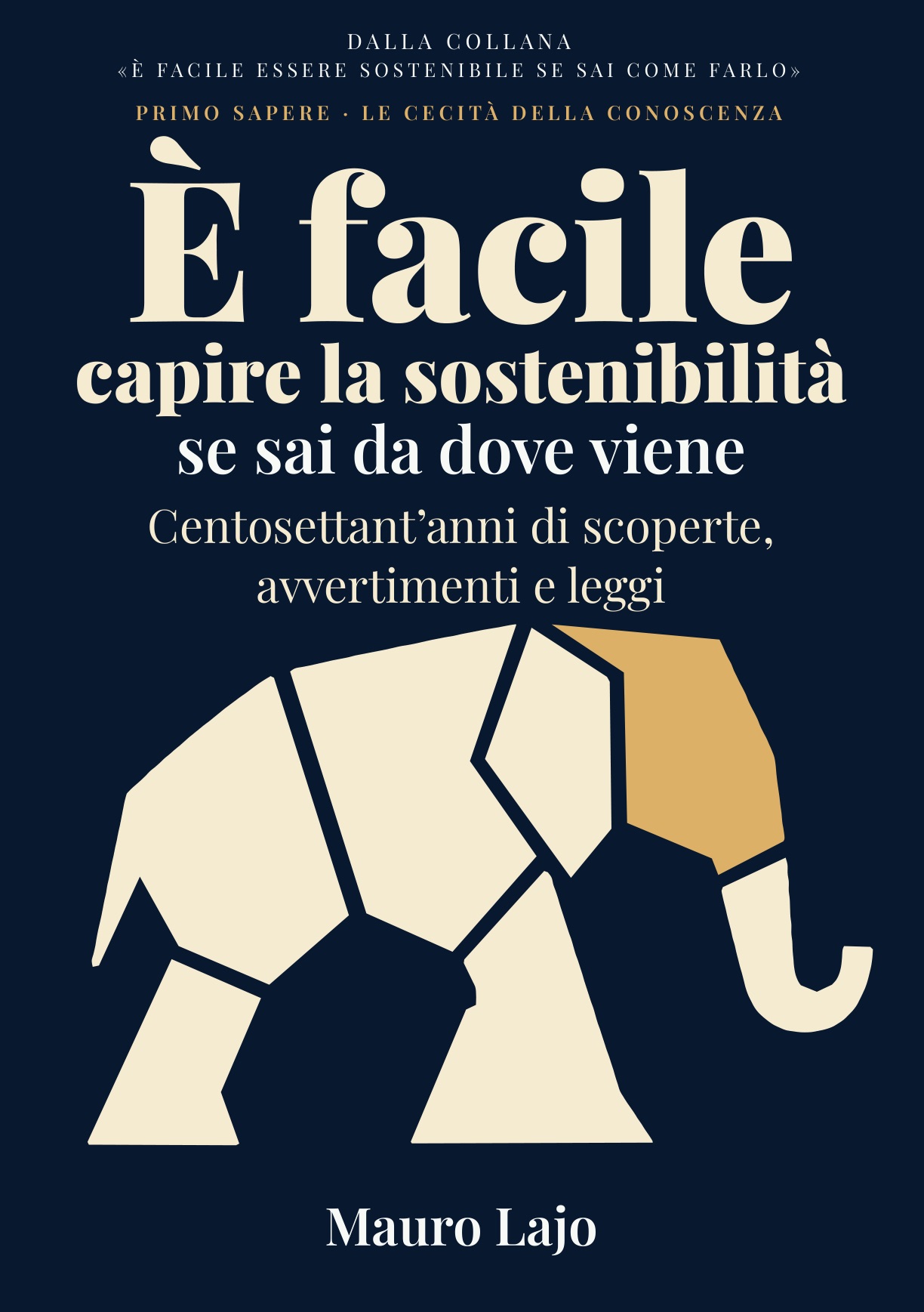 Copertina del libro È facile capire la sostenibilità se sai da dove viene di Mauro Lajo: un elefante geometrico avorio con la testa ocra, su fondo blu notte